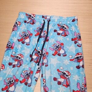 Disney Stitch Pajama Pants Girls‎ L 30x26 Blue Christmas Winter Snowflake Fleece